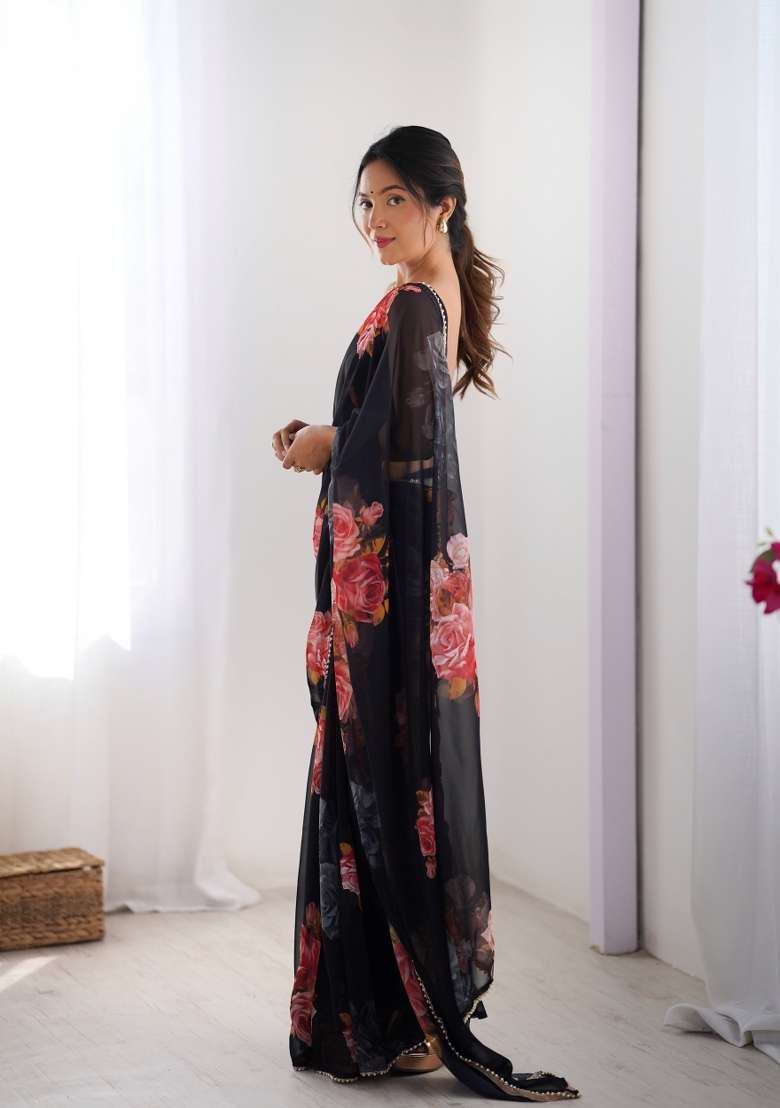 Black Floral Print Georgette Saree Set - Indya