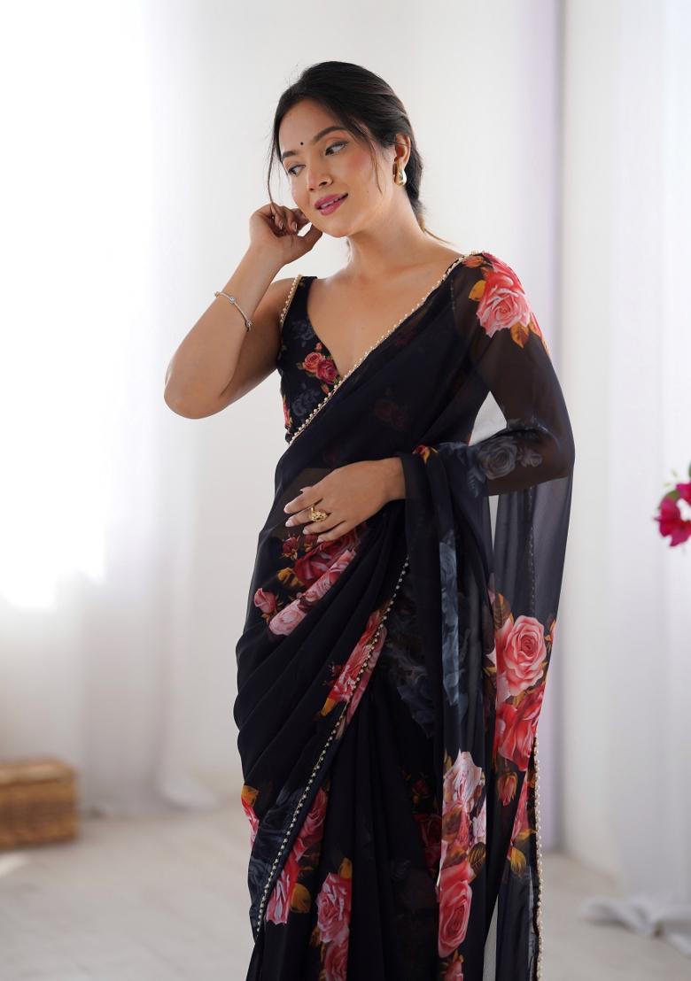 Black Floral Print Georgette Saree Set