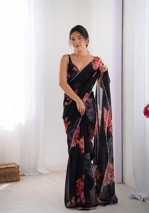 Black Floral Print Georgette Saree Set