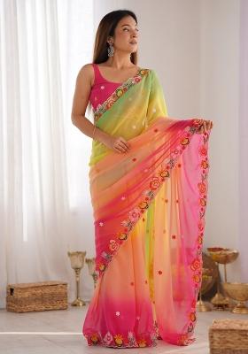 Pink Resham Work Georgette Saree Set