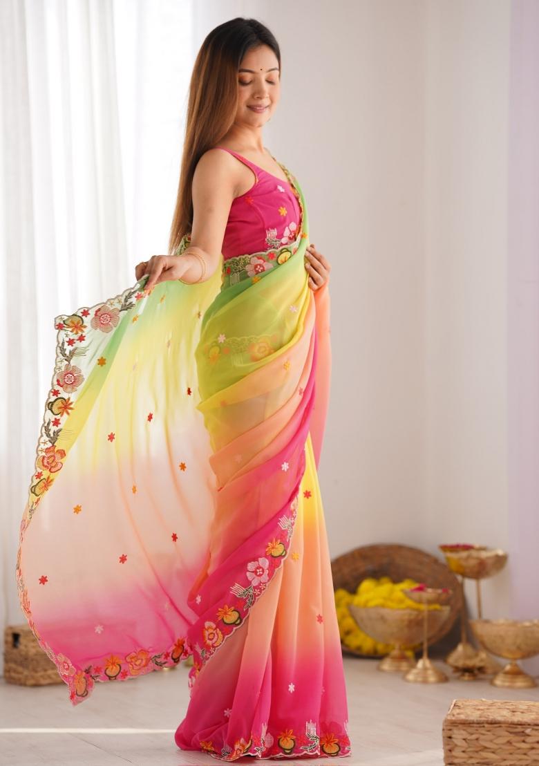 Pink Resham Work Georgette Saree Set