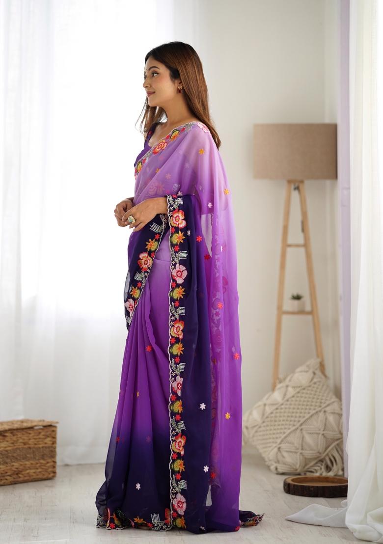 Purple Resham Work Georgette Saree Set