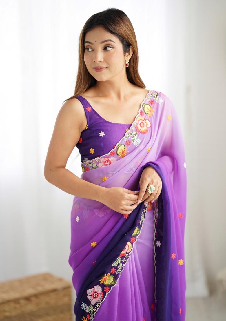 Purple Resham Work Georgette Saree Set