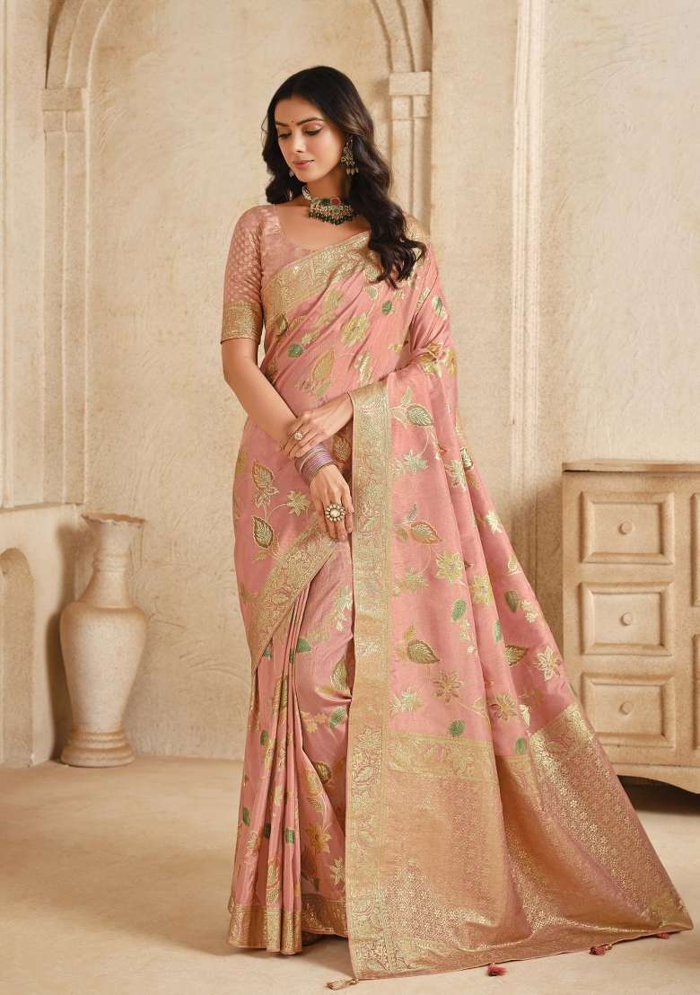 Pink Zari Woven Silk Blend Saree Set - Indya