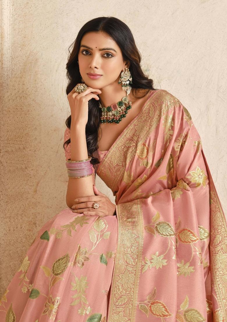 Pink Zari Woven Silk Blend Saree Set