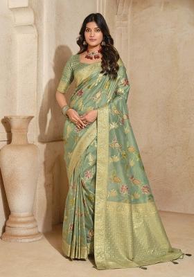 Green Zari Woven Silk Blend Saree Set