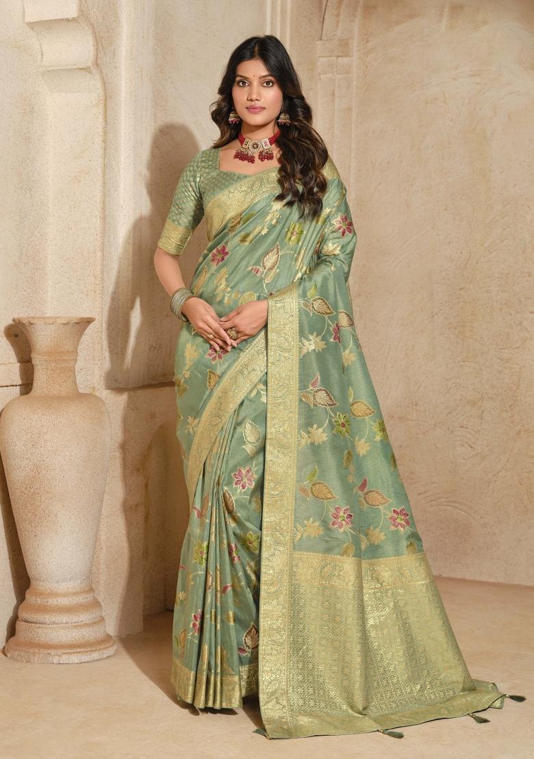 Green Zari Woven Silk Blend Saree Set