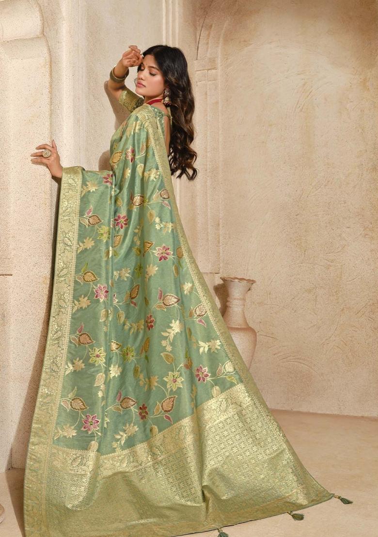 Green Zari Woven Silk Blend Saree Set