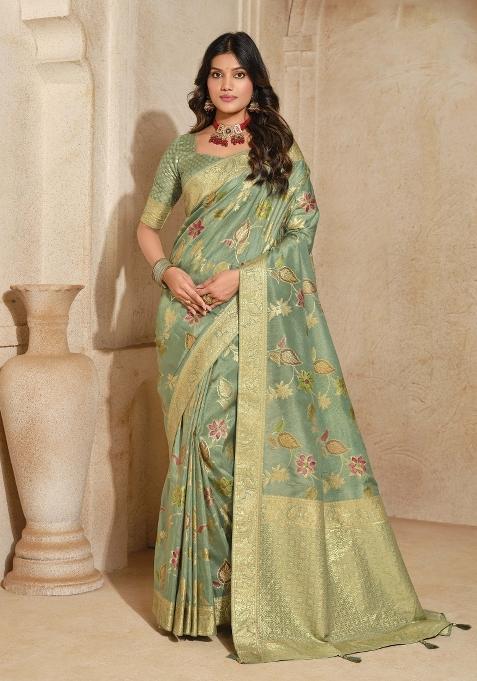 Green Zari Woven Silk Blend Saree Set