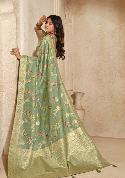 Green Zari Woven Silk Blend Saree Set
