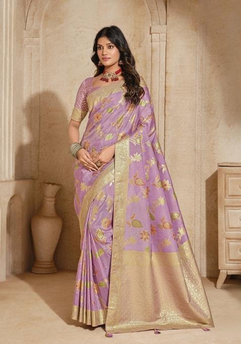 Mauve Zari Woven Silk Blend Saree Set