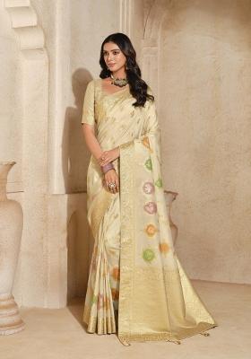 Cream Zari Woven Silk Blend Saree Set