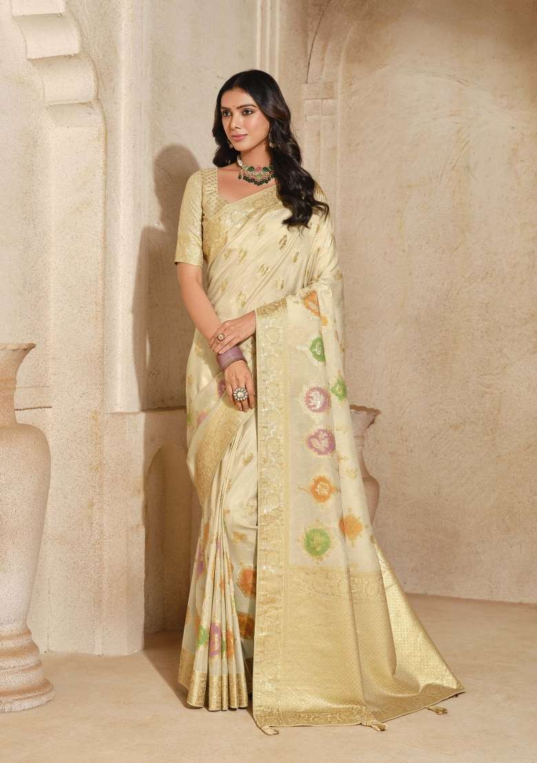 Cream Zari Woven Silk Blend Saree Set - Indya