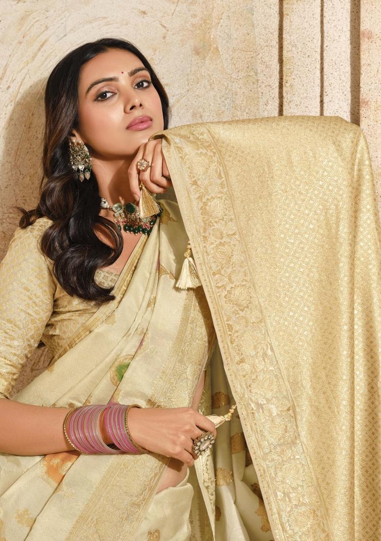 Cream Zari Woven Silk Blend Saree Set