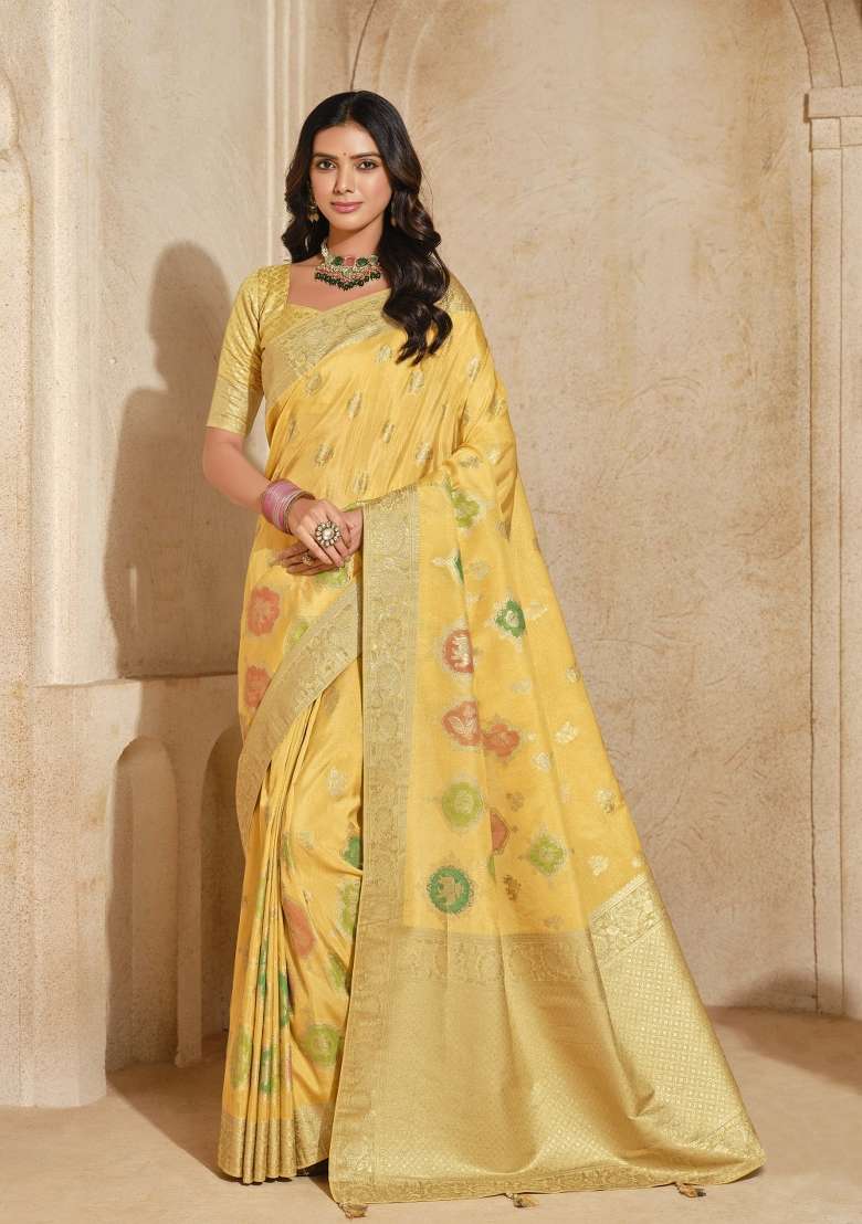 Yellow Zari Woven Silk Blend Saree Set - Indya