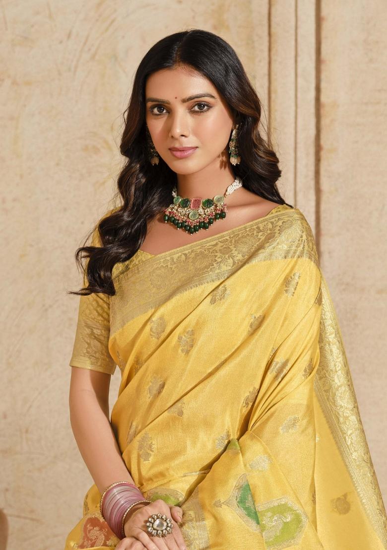 Yellow Zari Woven Silk Blend Saree Set