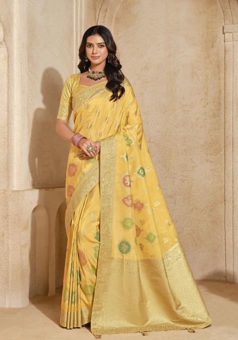 Yellow Zari Woven Silk Blend Saree Set