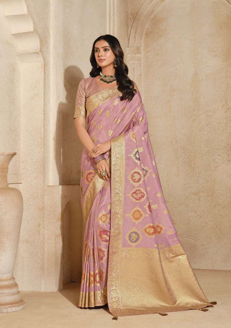 Pink Zari Woven Silk Blend Saree Set - Indya