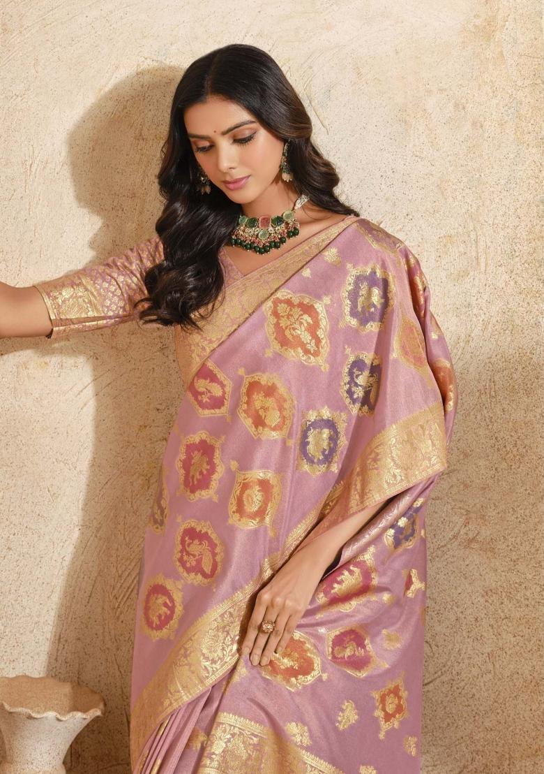 Pink Zari Woven Silk Blend Saree Set