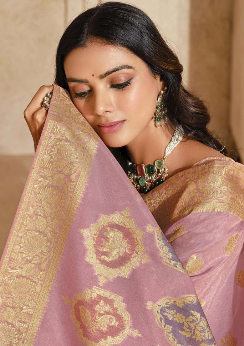 Pink Zari Woven Silk Blend Saree Set - Indya