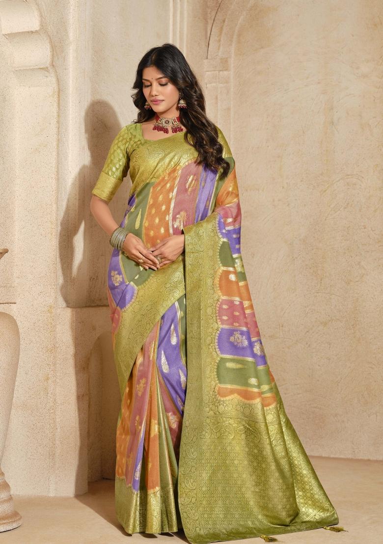 Green Zari Woven Silk Blend Saree Set