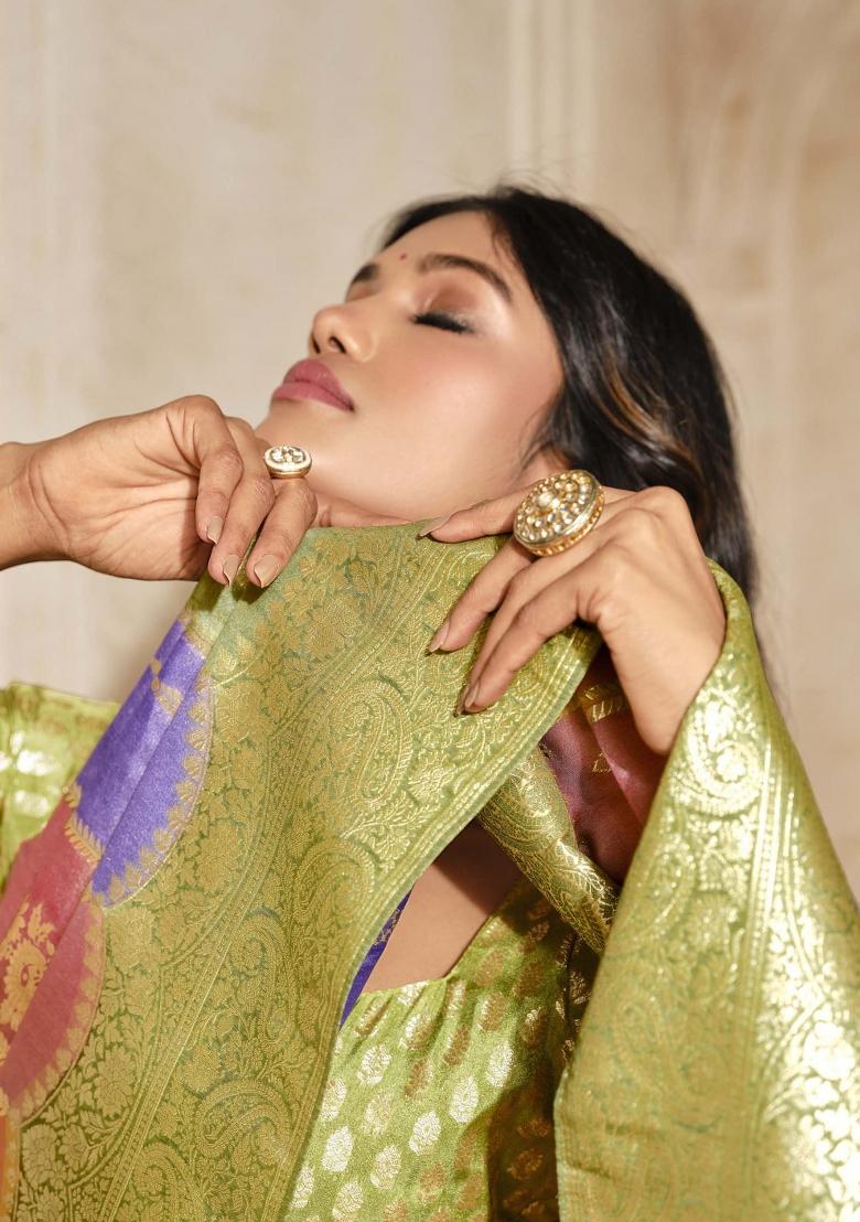 Green Zari Woven Silk Blend Saree Set