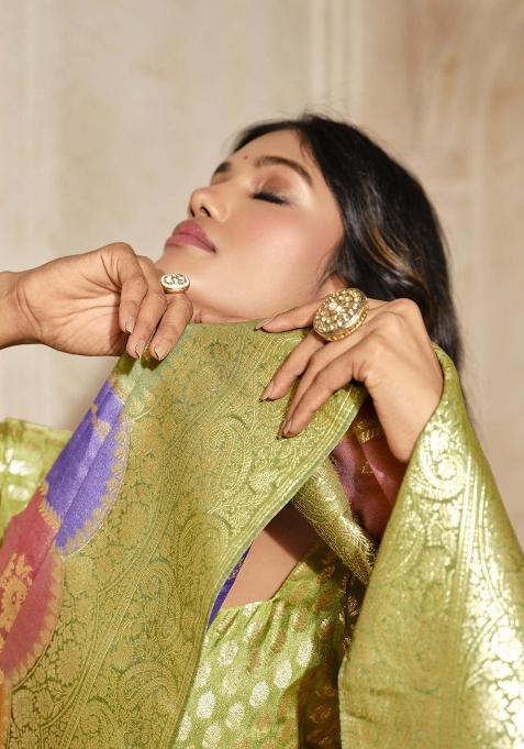 Green Zari Woven Silk Blend Saree Set