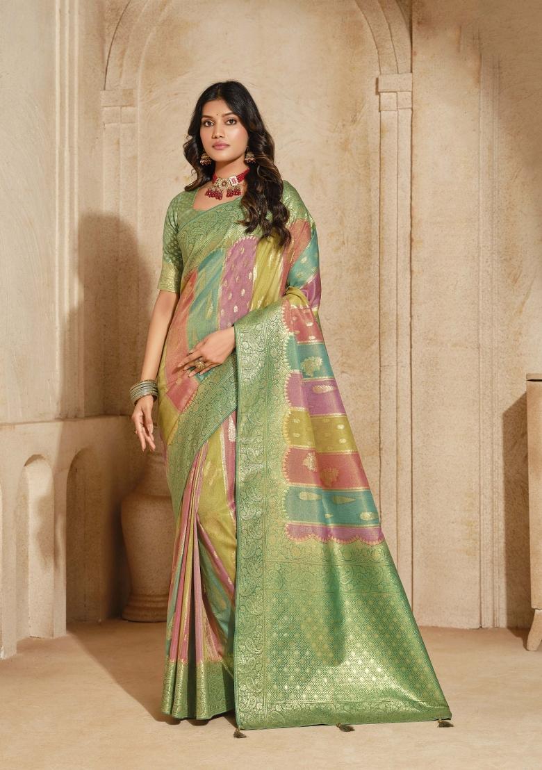 Green Zari Woven Silk Blend Saree Set