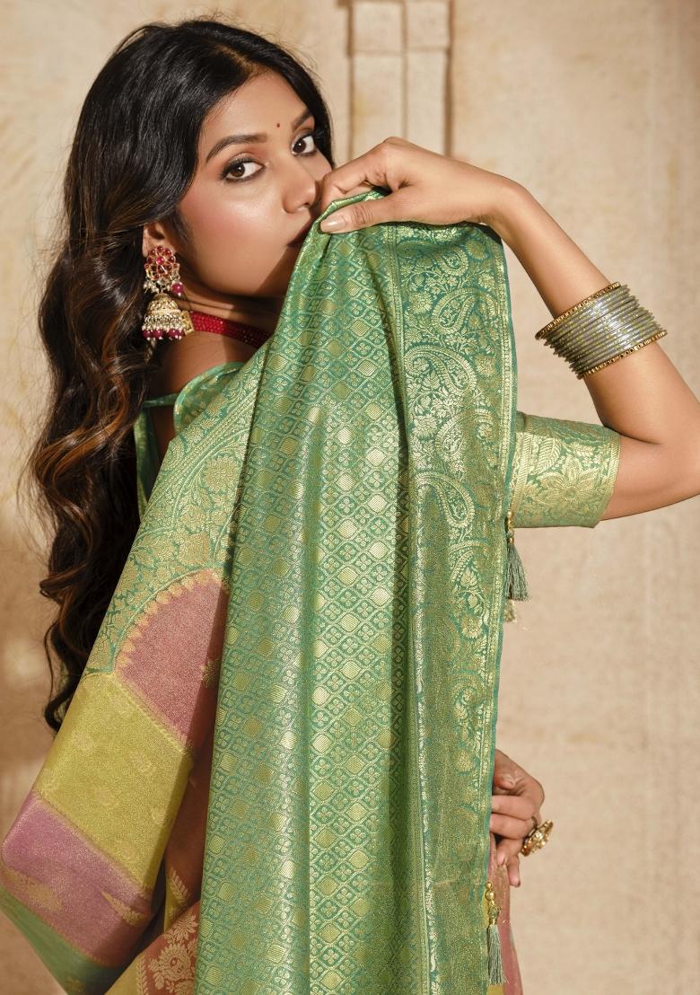 Green Zari Woven Silk Blend Saree Set