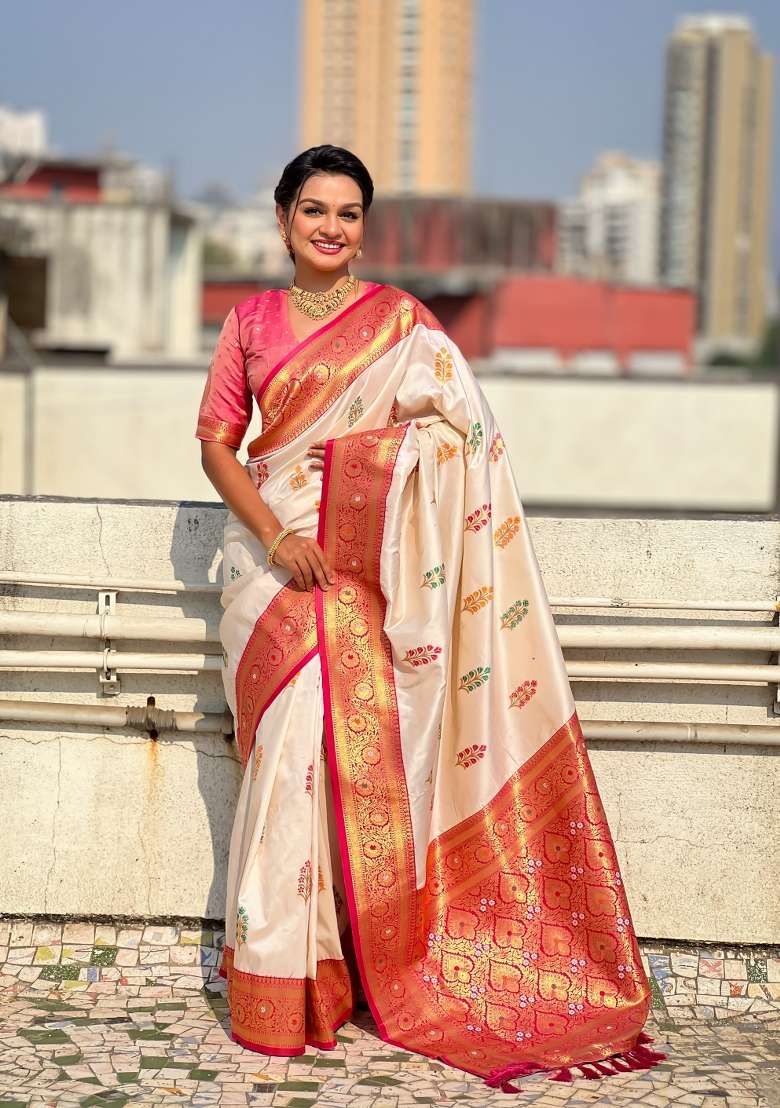 Pink Zari Woven Silk Blend Saree Set for Diwali and Festive Wear - Indya