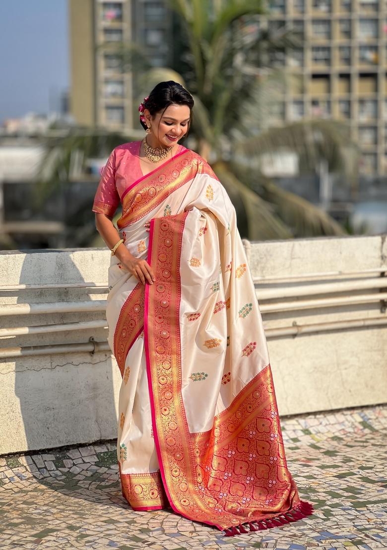 Pink Zari Woven Silk Blend Saree Set