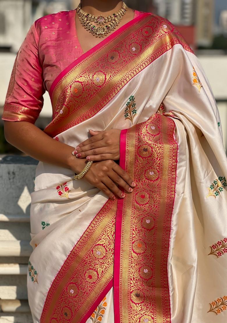 Pink Zari Woven Silk Blend Saree Set