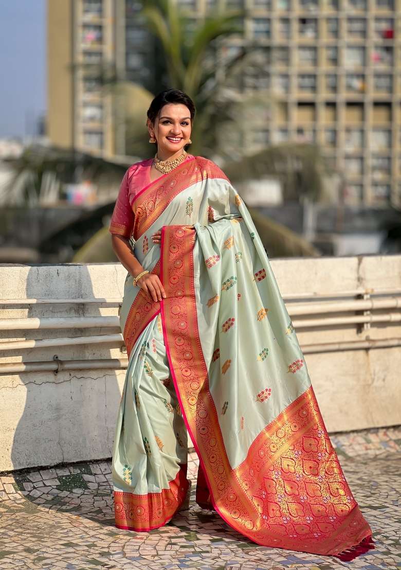 Pink Zari Woven Silk Blend Saree Set - Indya