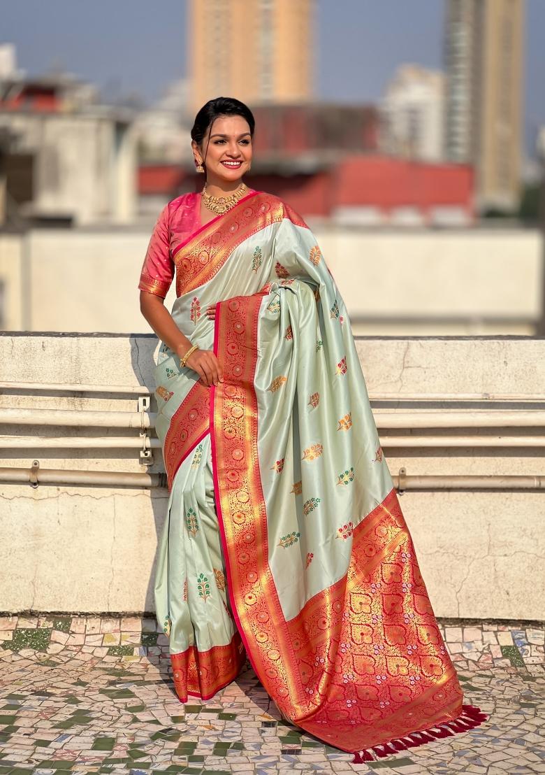 Pink Zari Woven Silk Blend Saree Set