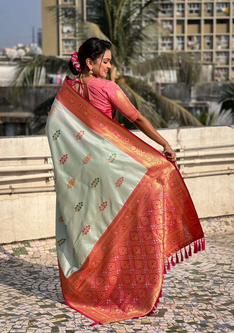 Pink Zari Woven Silk Blend Saree Set - Indya