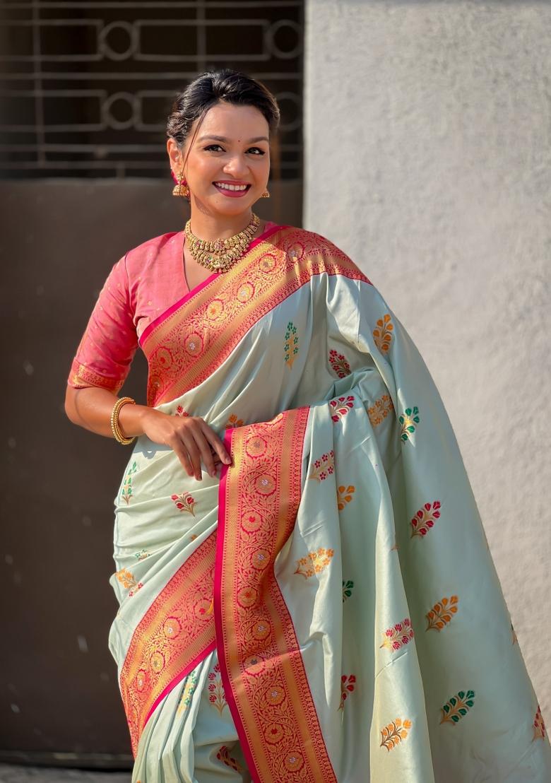Pink Zari Woven Silk Blend Saree Set