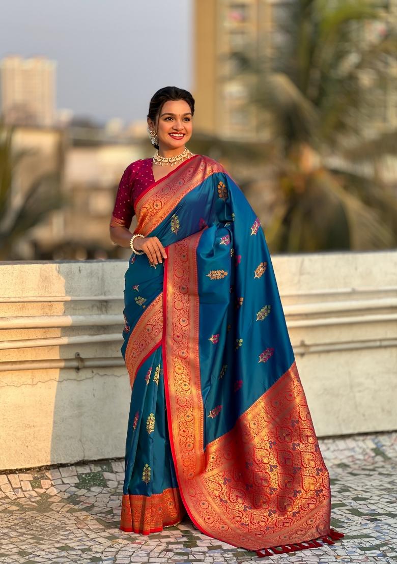 Red Zari Woven Silk Blend Saree Set