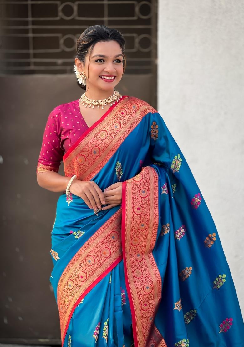 Red Zari Woven Silk Blend Saree Set