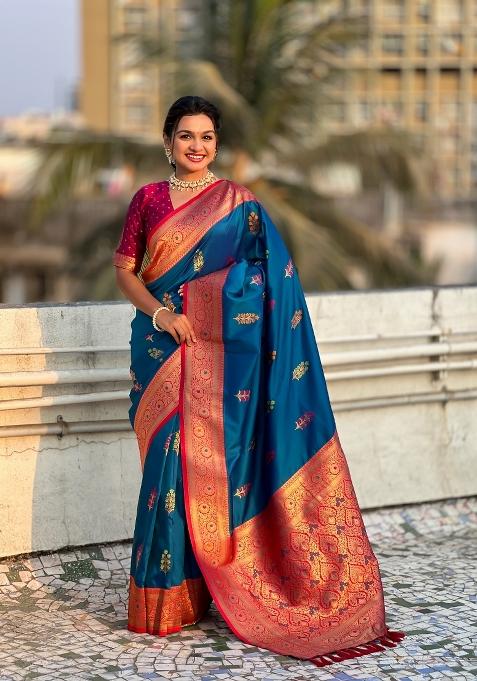 Red Zari Woven Silk Blend Saree Set