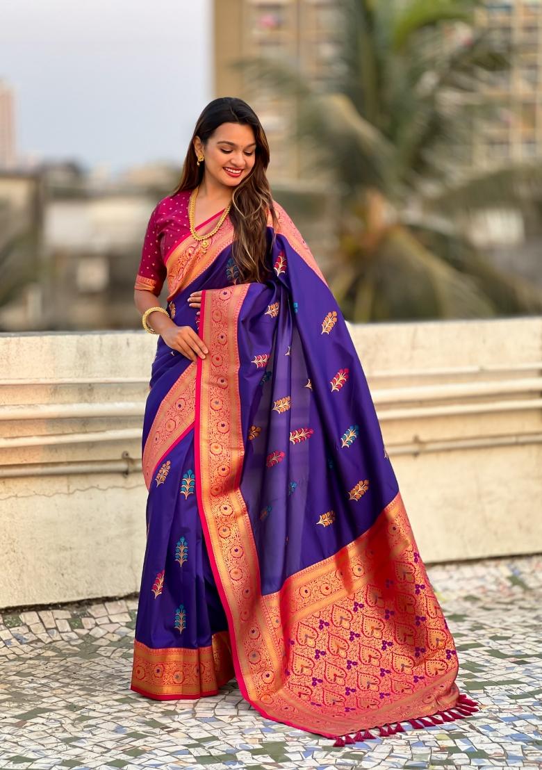 Pink Zari Woven Silk Blend Saree Set