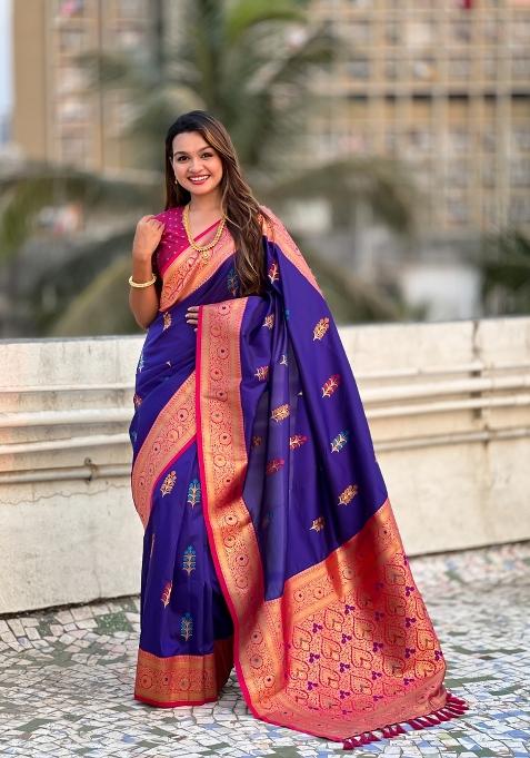 Pink Zari Woven Silk Blend Saree Set