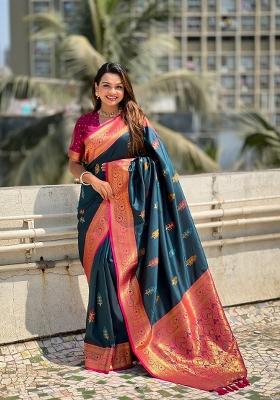 Pink Zari Woven Silk Blend Saree Set