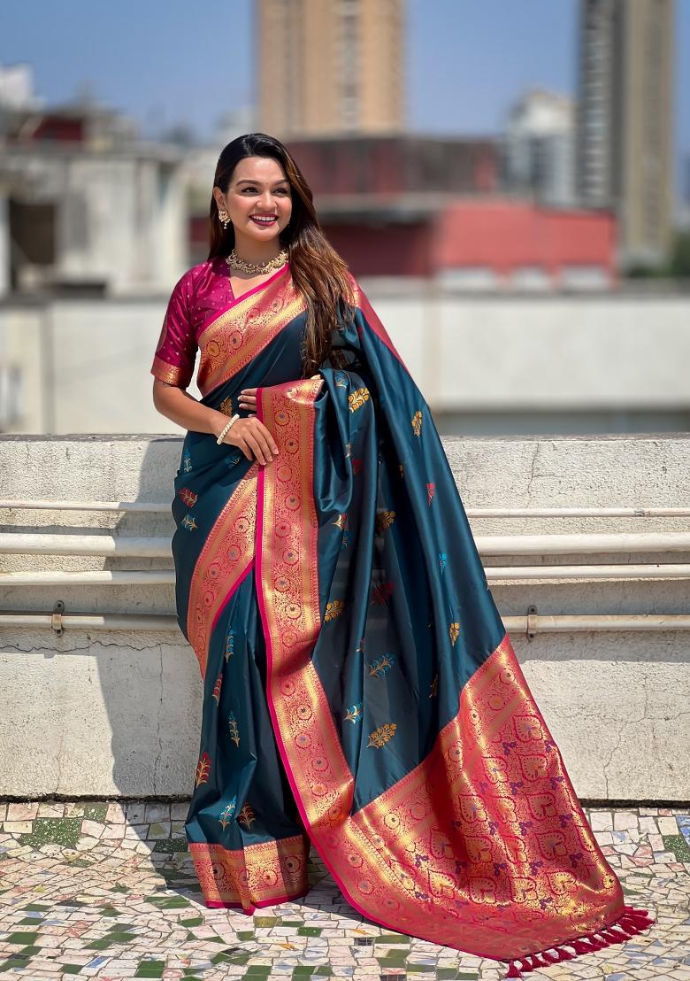 Pink Zari Woven Silk Blend Saree Set