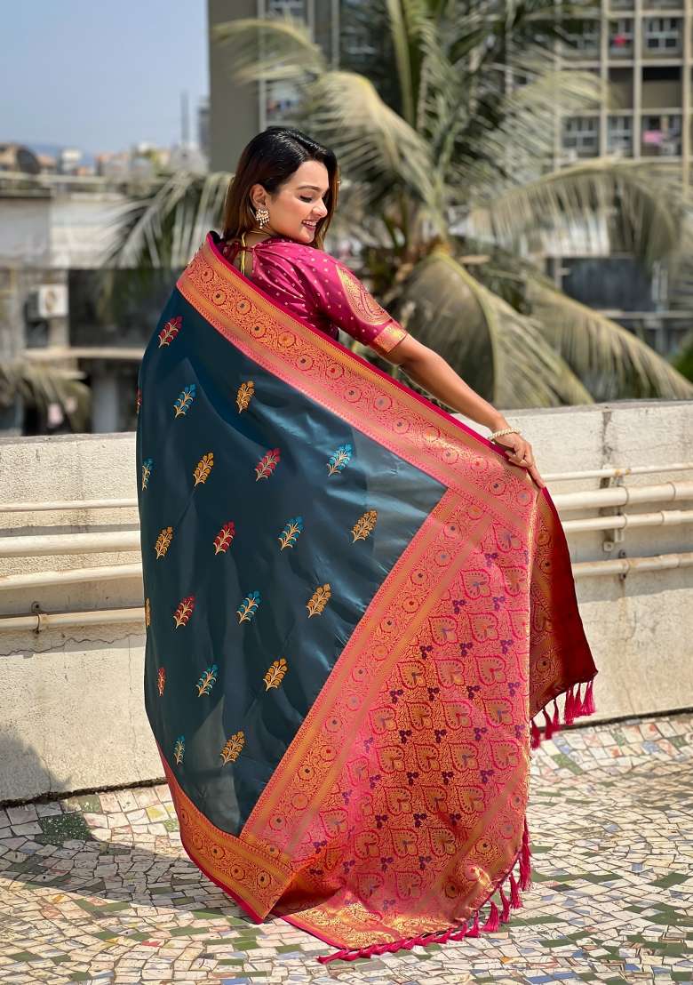 Pink Zari Woven Silk Blend Saree Set for Diwali and Festive Wear - Indya