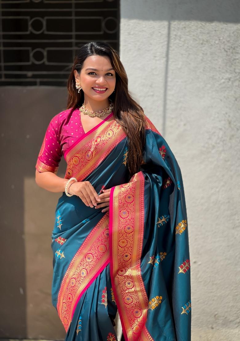 Pink Zari Woven Silk Blend Saree Set