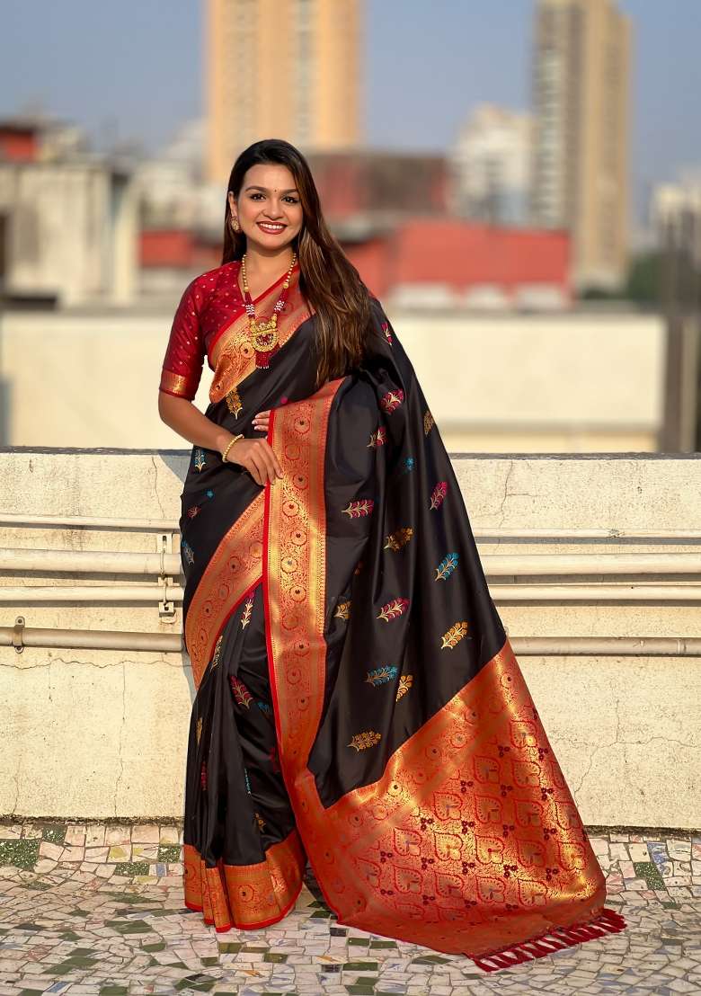 Red Zari Woven Silk Blend Saree Set for Diwali | Wedding & Festive Wear - Indya
