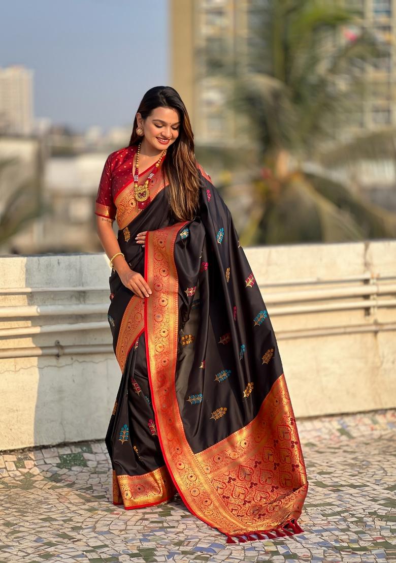 Red Zari Woven Silk Blend Saree Set