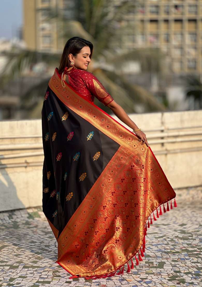 Red Zari Woven Silk Blend Saree Set for Diwali | Wedding & Festive Wear - Indya