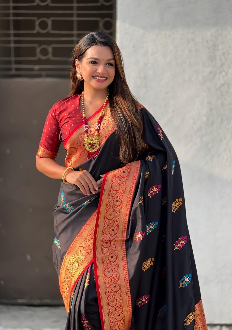 Red Zari Woven Silk Blend Saree Set