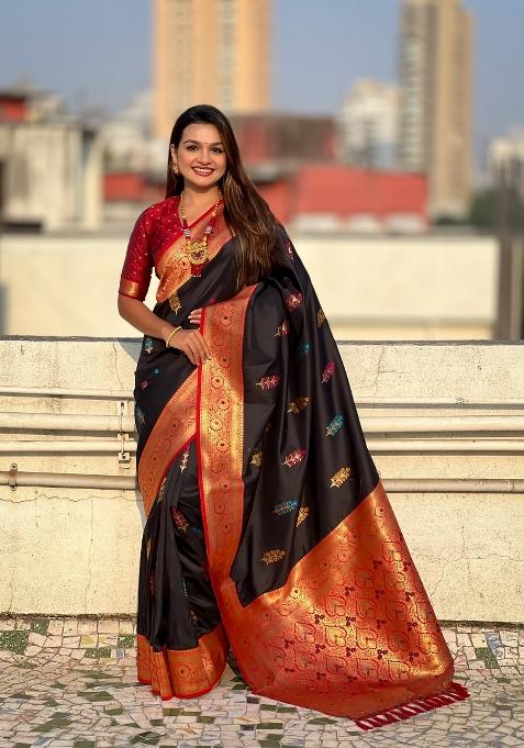 Red Zari Woven Silk Blend Saree Set